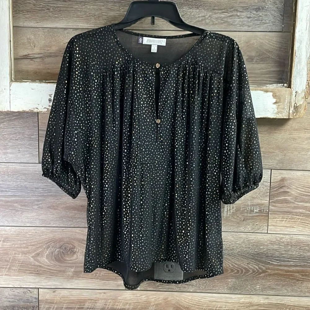 Jennifer Lopez Sheer Black with Gold Polka Dot Dress Blouse, Size Petite Small